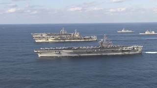 US Navy Three Carrier Formation in Western Pacific Ocean [upl. by Hertberg]