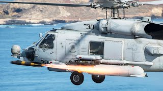 MH60 Seahawk Fires AGM114 Hellfire Missiles Training  Compilation [upl. by Veejar]