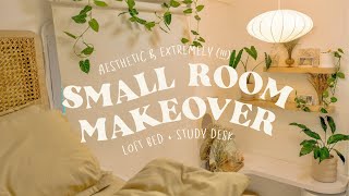 aesthetic and extremely  small room makeover 🍃 • a 4sqm bedroom with loft bed  desk decor [upl. by Annasor]