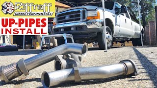 2001 F350 73  RiffRaff UpPipes Install  Stock up pipes leaking and falling apart JUNK SP [upl. by Nileuqay324]